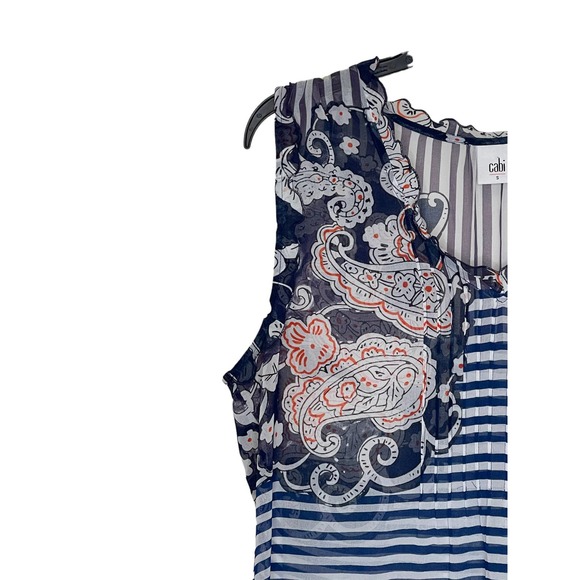 Cabi Women Top Sheer Tank Paisley Striped Ruffled Peplum Sleeveless Blue Small - Picture 4 of 9